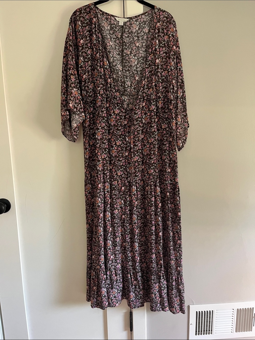 Garnet Hill Boho Floral Dress Brown Pink Rust Print 3/4 Sleeve Flowy Size 10 EUC